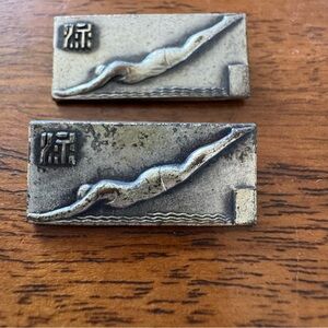 SPORTS Badge Pin Swim Competition 1958 1960 Mid Century Silver Tone Set Of 2